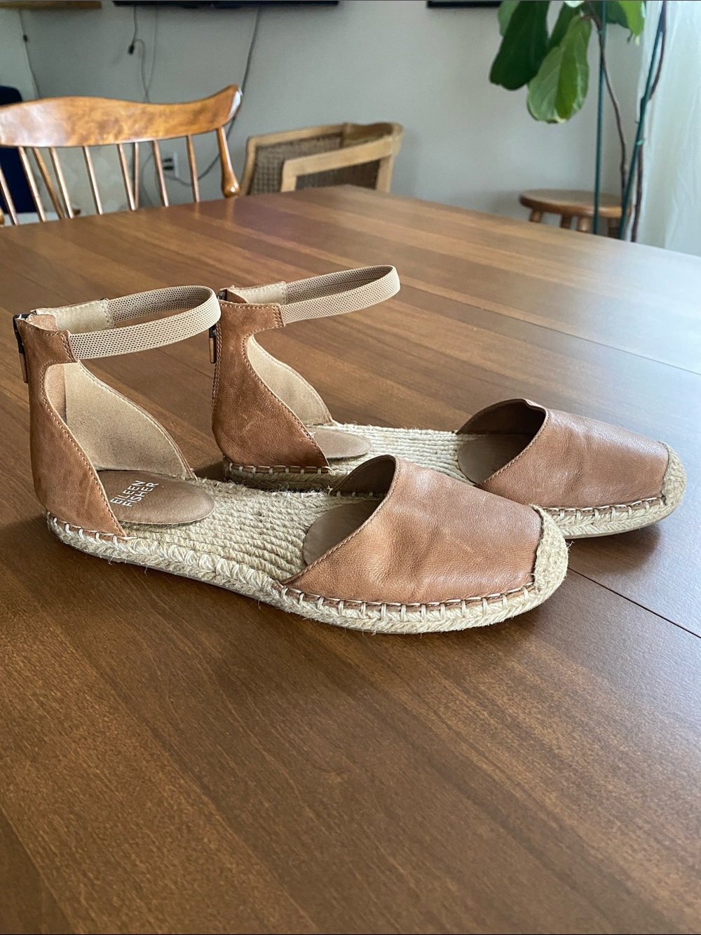 Eileen Fisher Tan Espadrille Ankle-Strap Flats